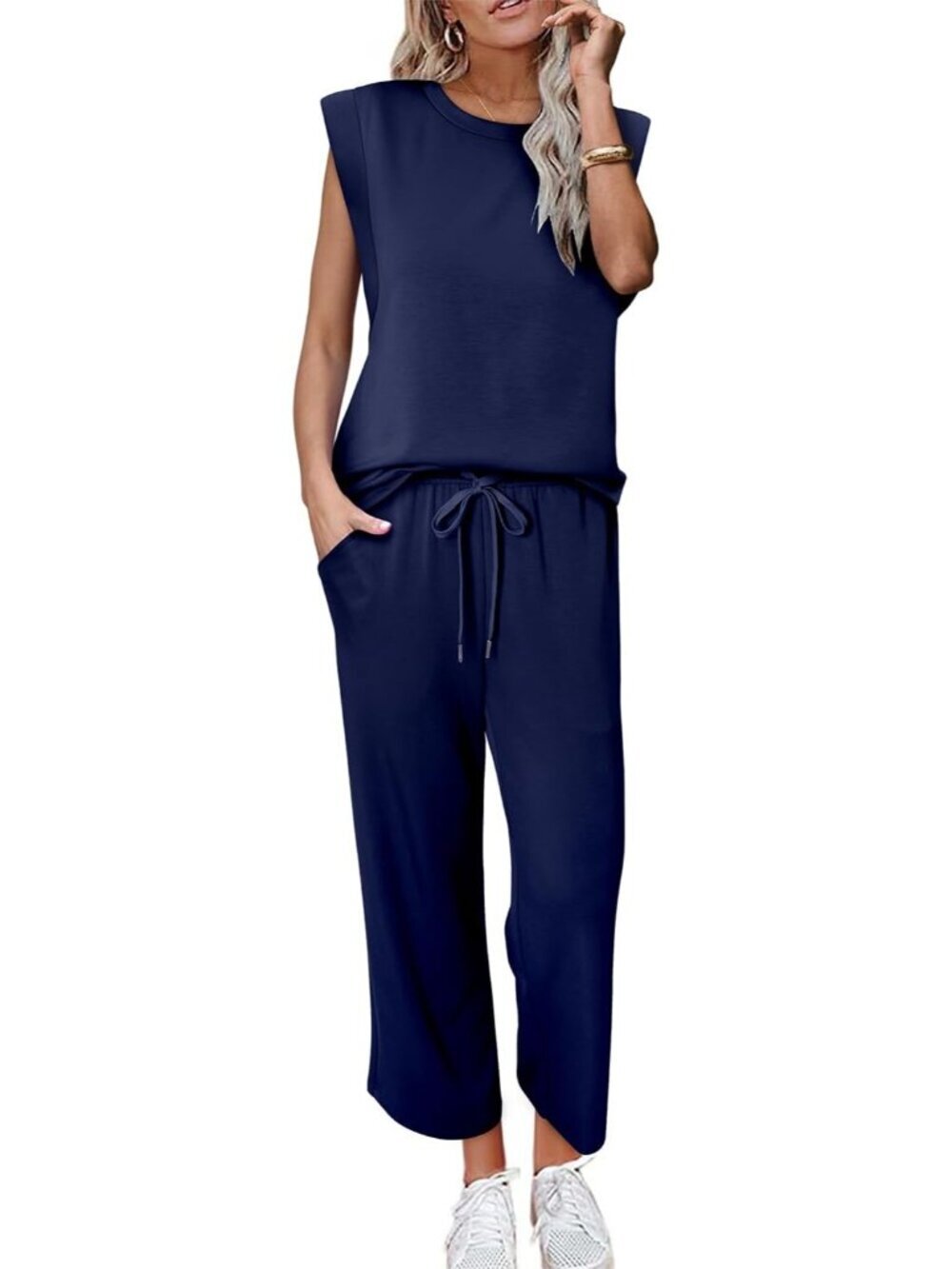 Women's Blue Two Piece Sets Casual Travel Vacation Outfits Summer Wide Leg - Picture 3 of 5